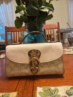 Coach Beige Signature Canvas Satchel with White Flap and Snake-Print Trim CA427